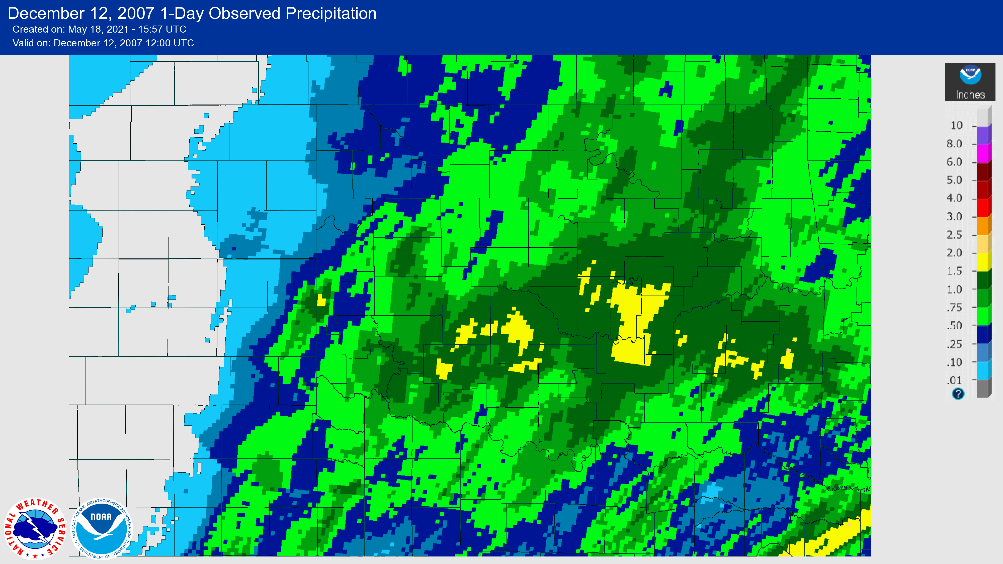 24-hour Precipitation Total ending at 6:00 AM CST on December 12, 2007 for the NWS Norman, Oklahoma Forecast Area
