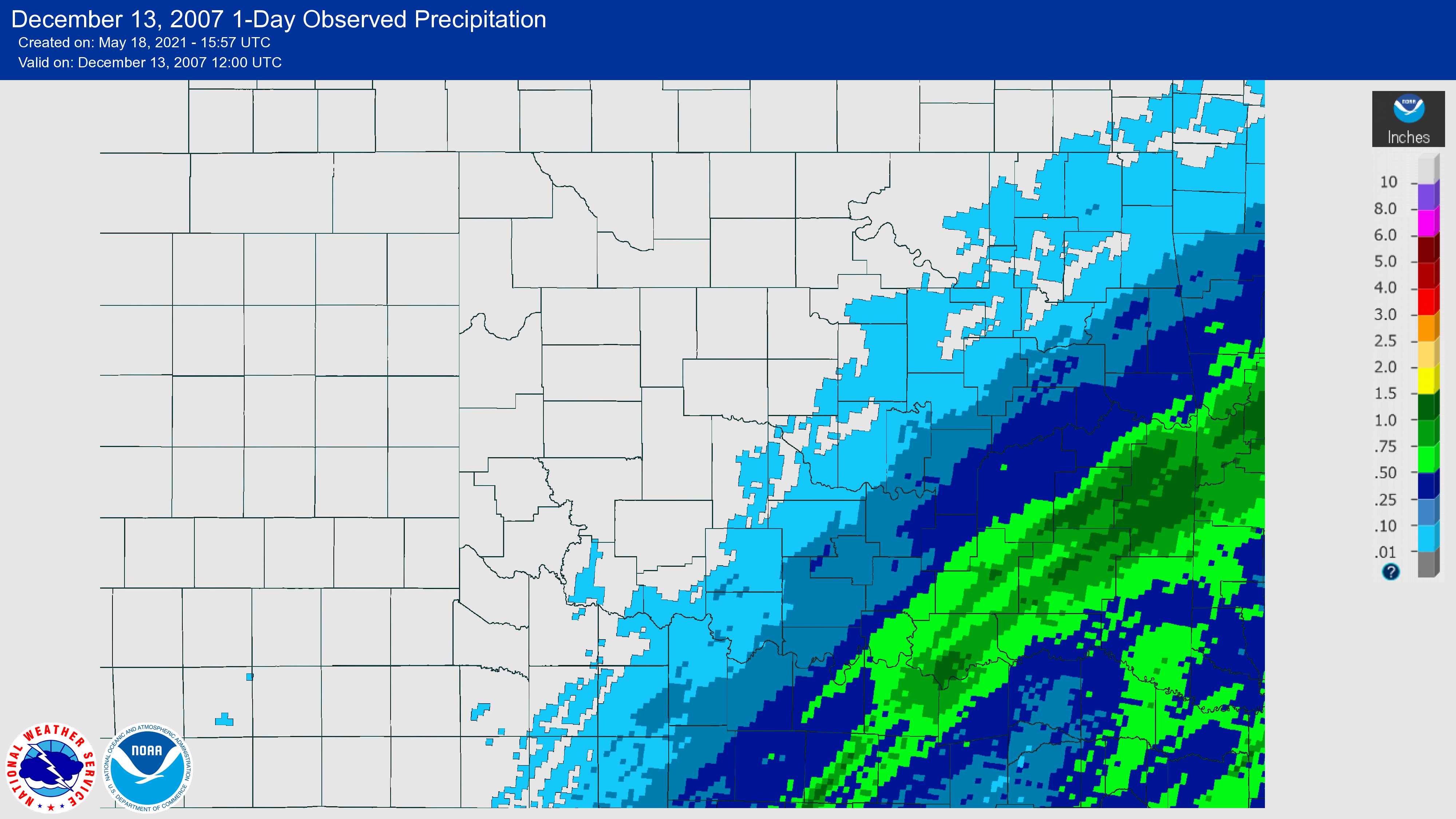 24-hour Precipitation Total ending at 6:00 AM CST on December 13, 2007 for the NWS Norman, Oklahoma Forecast Area