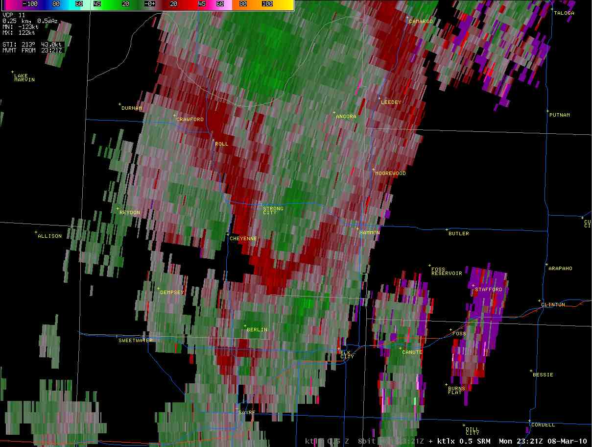 0.5 degree storm-relative velocity at 5:21 PM CST from the Twin Lakes, OK radar