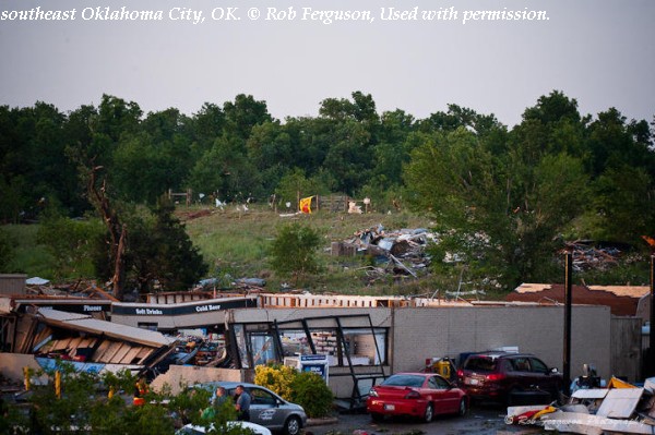 Damage to a gas station near Interstate 40 in southeast Oklahoma City, OK