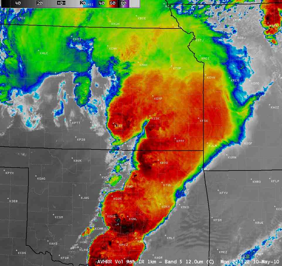 A large-scale IR view on May 10, 2010 at 5:32 PM CDT showing the cluster of very cold IR cloud top temperatures (as cold as -84 C, purple enhancement) that a short time earlier was likely associated with the reports of a couple of tornadoes and hail of 4.00 and 3.75-inch in diameter in the Norman and Tinker AFB areas.