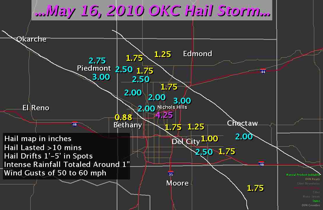 Hail Reports for the May 16, 2010 Hail Storm in Central Oklahoma