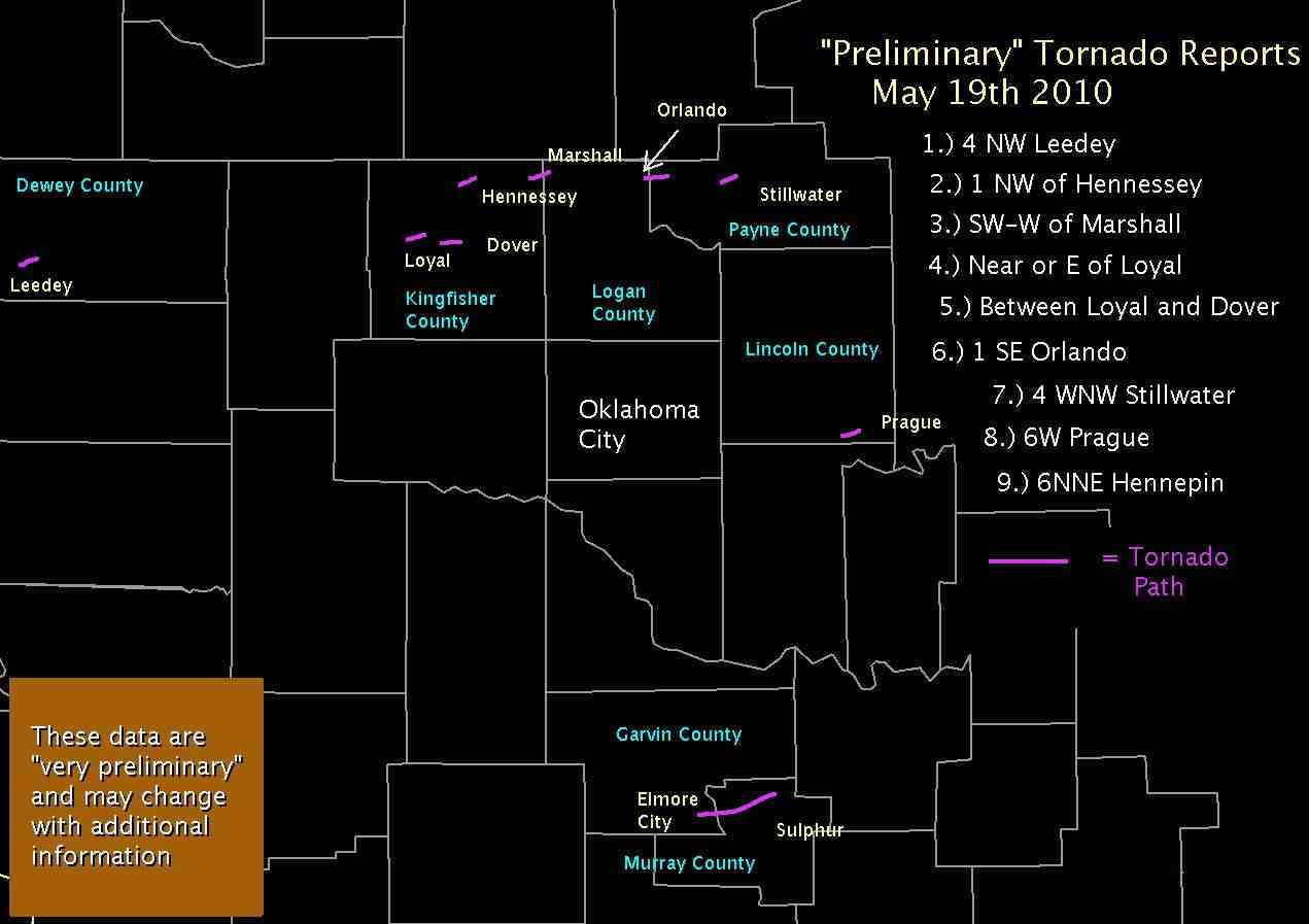 Preliminary Tornado Damage Paths for May 19, 2010 in Central Oklahoma