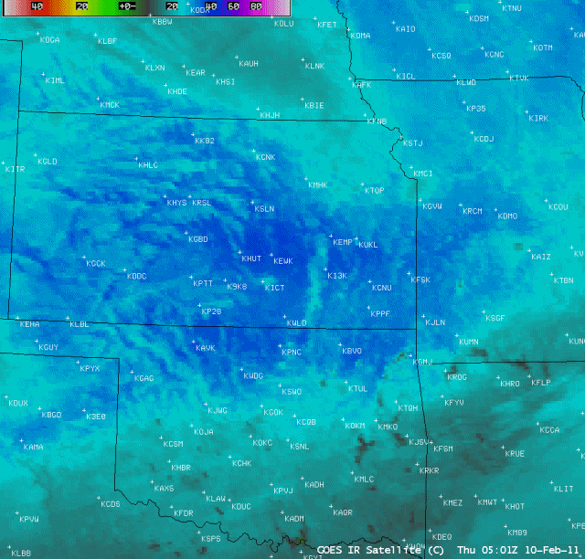 CIMSS animated satellite image of 4-km resolution GOES-13 10.7 µm IR data shows a large region with very cold surface IR brightness temperatures during the early to mid morning hours of February 10, 2011 (darker blue color enhancement)  over the snow-covered portions of Kansas and Oklahoma.