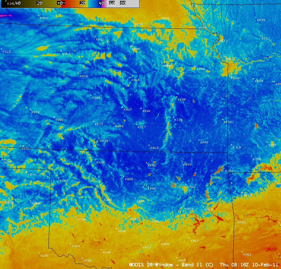 1-km resolution MODIS 11.0 µm IR image of the central Great Plains at 02:16 AM on February 10, 2011