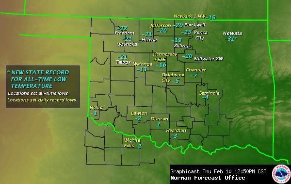 Record Low Temperatures Over Parts of Oklahoma and Western North Texas on February 10, 2011
