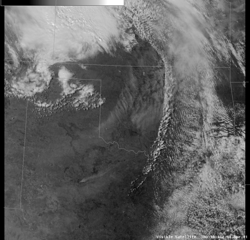 Visible Satellite Loop of the storm system affecting Oklahoma. The image loop runs from 2:45 pm-6:45 pm CDT, 4/14/2011