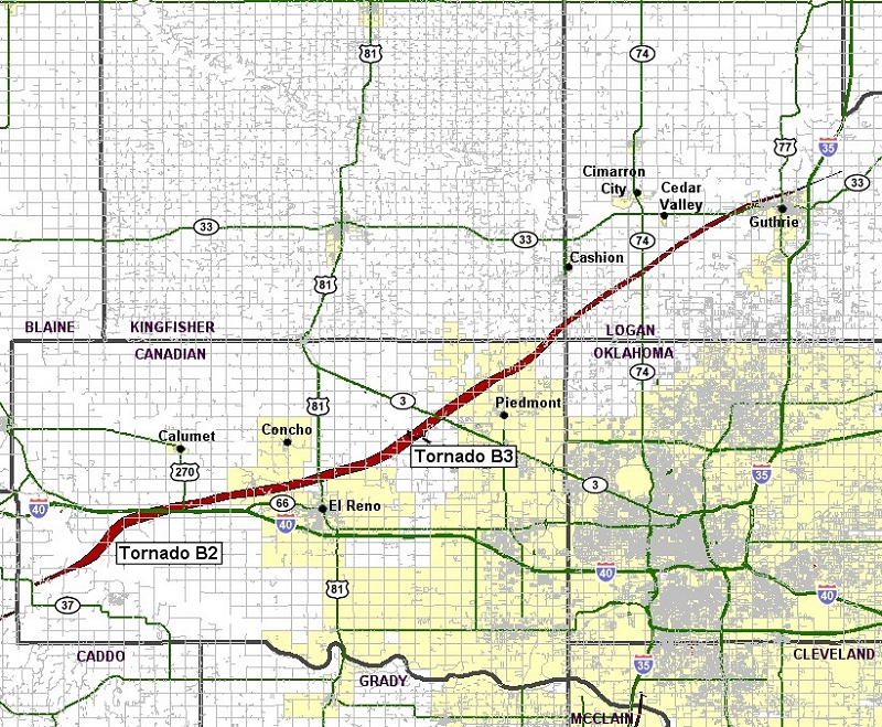 Preliminary Tornado Track for the Calumet-El Reno-Piedmont-Guthrie Tornado of May 24, 2011