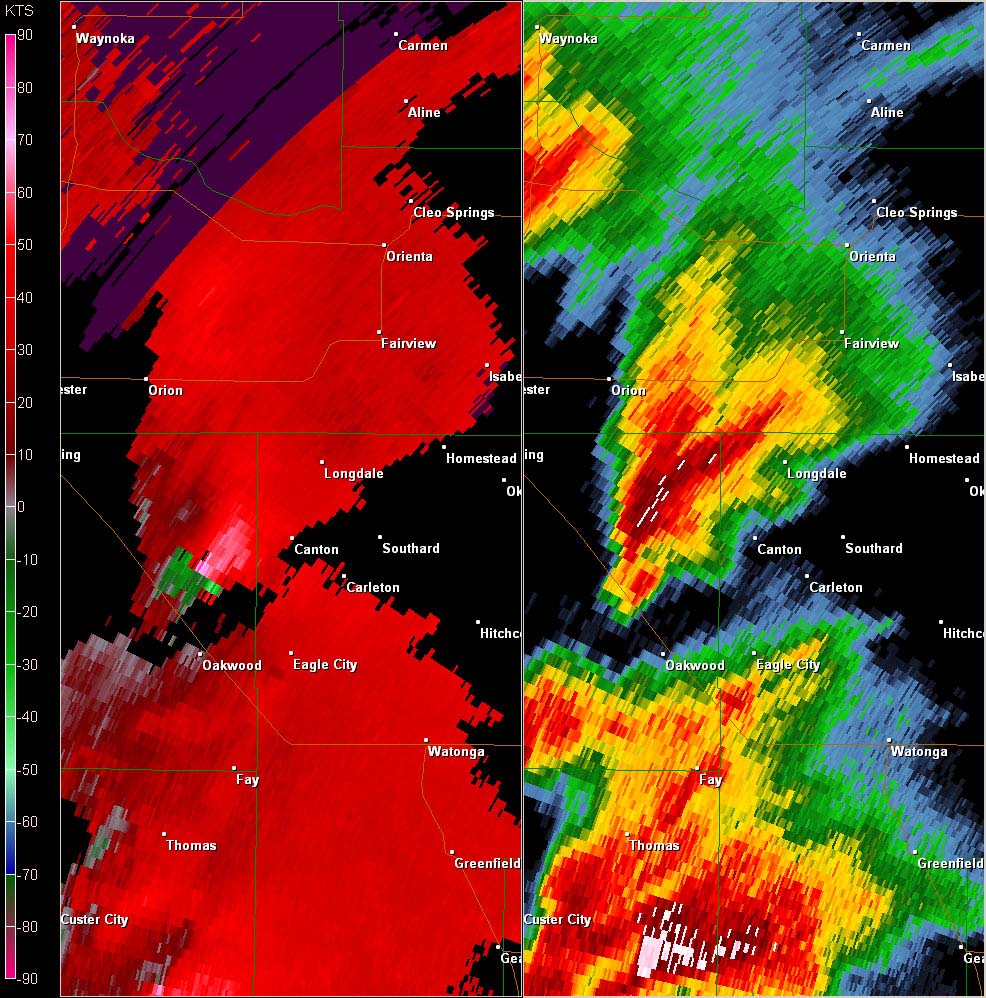 Twin Lakes, OK (KTLX) Combination Radar Reflectivity and Storm Relative Velocity at 3:06 PM CDT on 5/24/2011