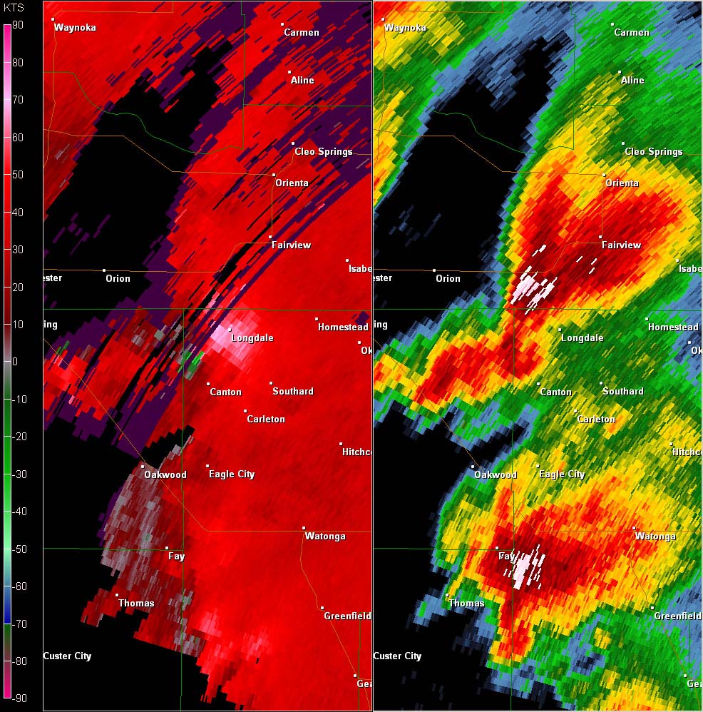 Twin Lakes, OK (KTLX) Combination Radar Reflectivity and Storm Relative Velocity at 3:23 PM CDT on 5/24/2011