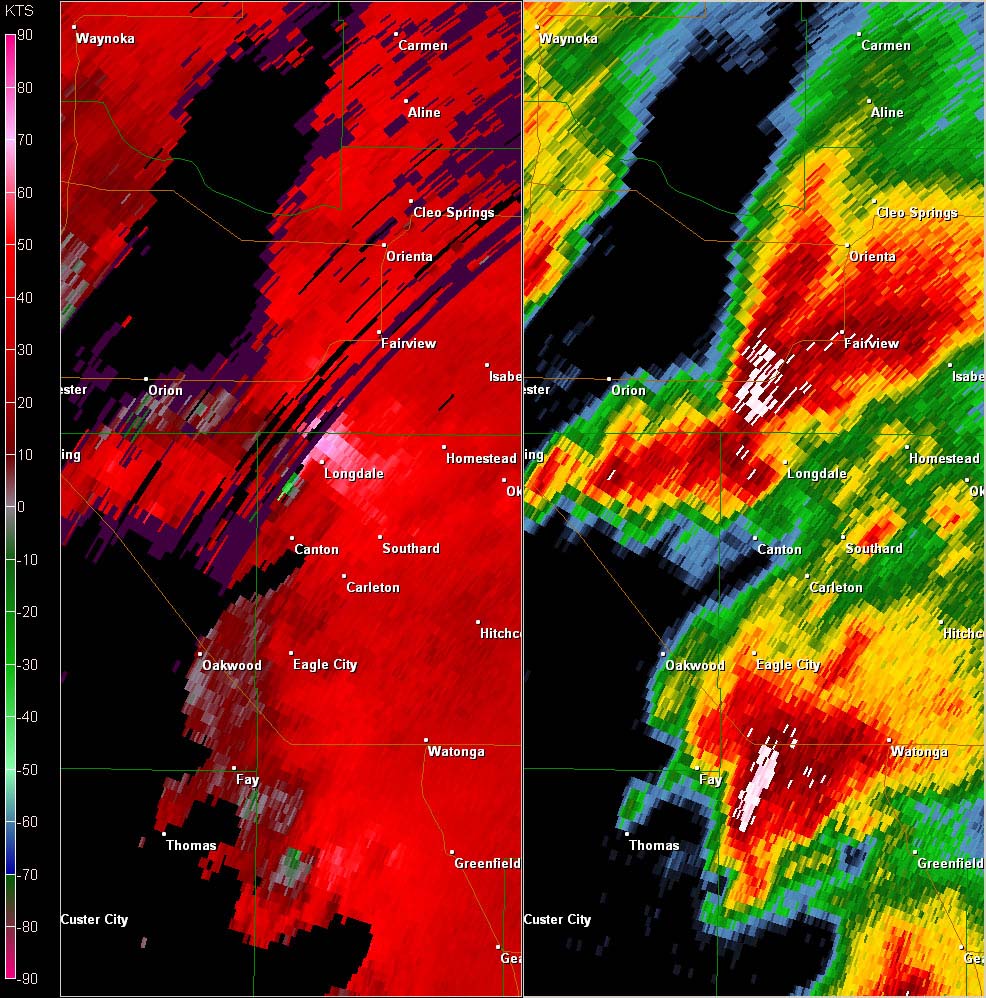 Twin Lakes, OK (KTLX) Combination Radar Reflectivity and Storm Relative Velocity at 3:27 PM CDT on 5/24/2011