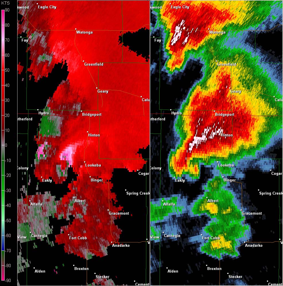 Twin Lakes, OK (KTLX) Combination Radar Relectivity and Storm Relative Velocity at 3:32 PM CDT on 5/24/2011