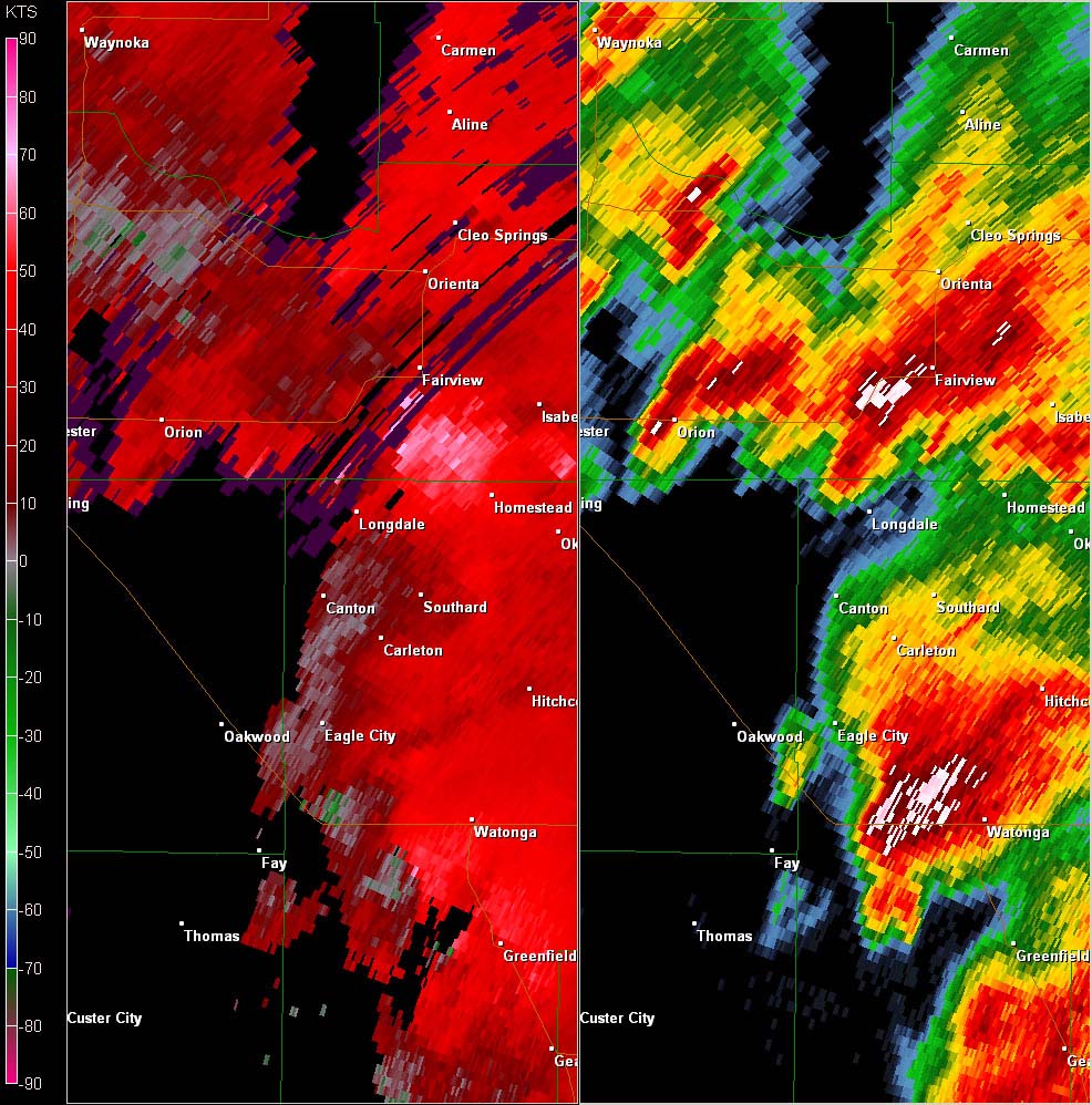 Twin Lakes, OK (KTLX) Combination Radar Reflectivity and Storm Relative Velocity at 3:36 PM CDT on 5/24/2011