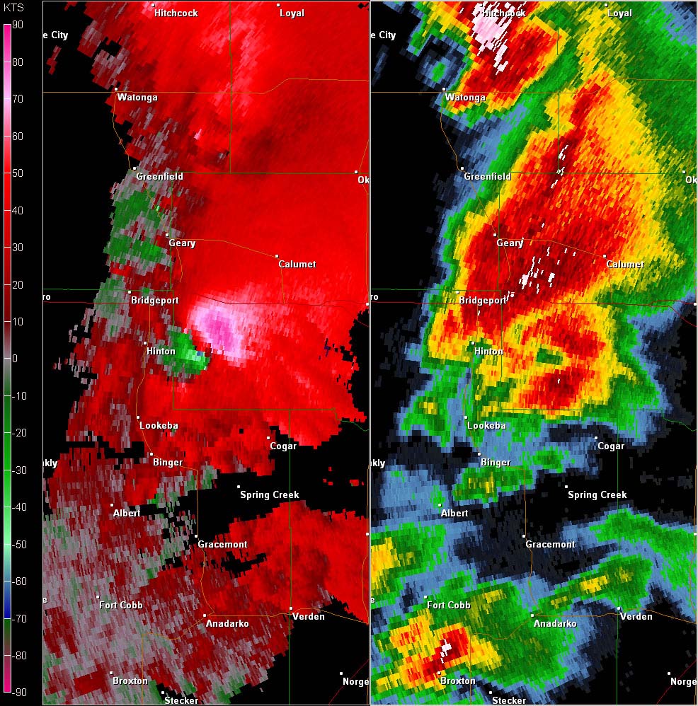 Twin Lakes, OK (KTLX) Combination Radar Reflectivity and Storm Relative Velocity at 3:53 PM CDT on 5/24/2011