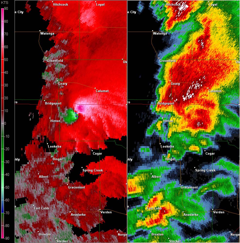 Twin Lakes, OK (KTLX) Combination Radar Reflectivity and Storm Relative Velocity at 3:57 PM CDT on 5/24/2011