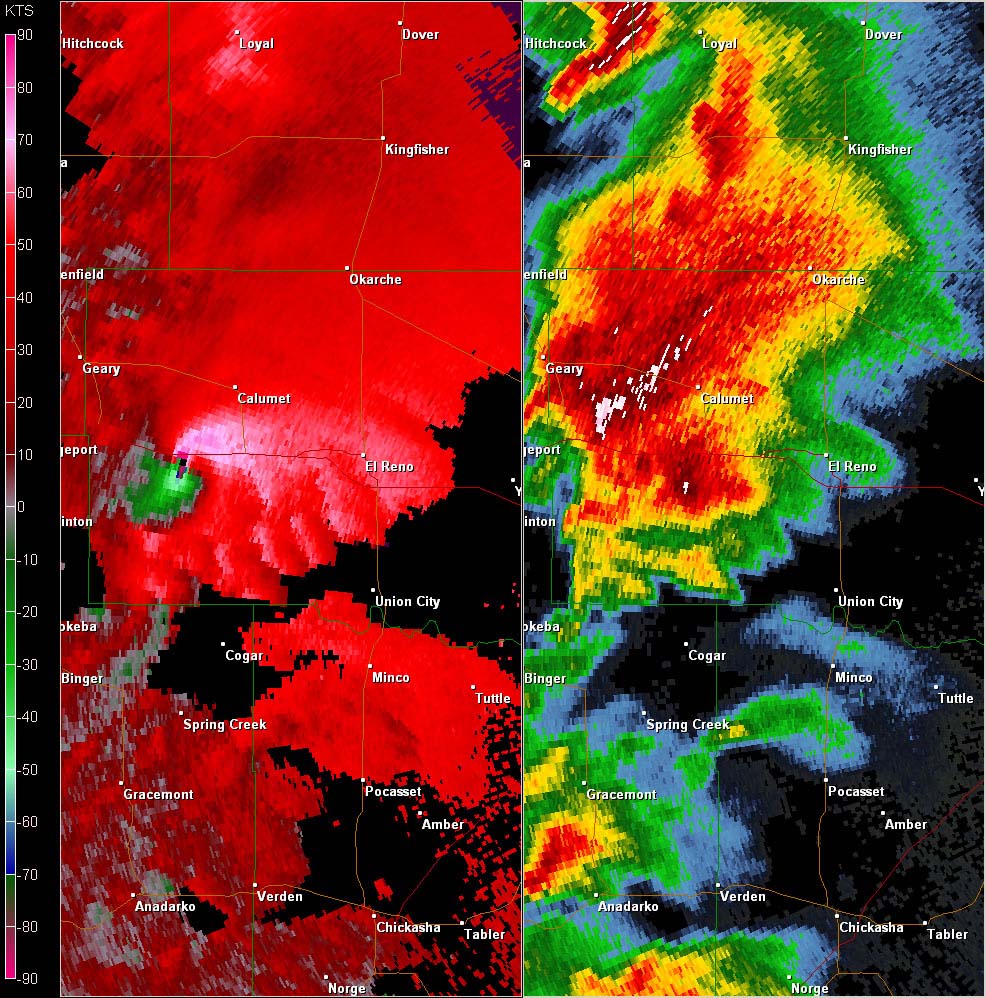 Twin Lakes, OK (KTLX) Combination Radar Reflectivity and Storm Relative Velocity at 4:02 PM CDT on 5/24/2011