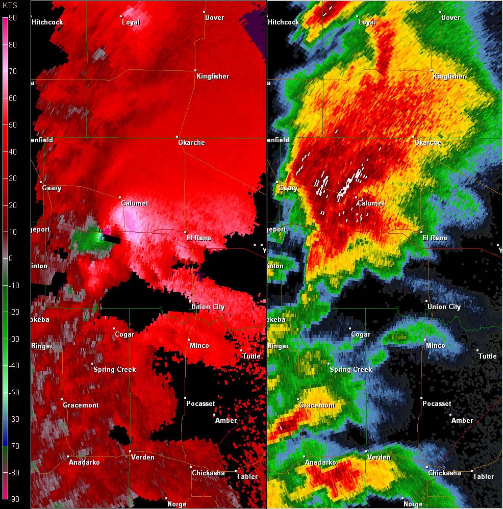 Twin Lakes, OK (KTLX) Combination Radar Reflectivity and Storm Relative Velocity at 4:06 PM CDT on 5/24/2011