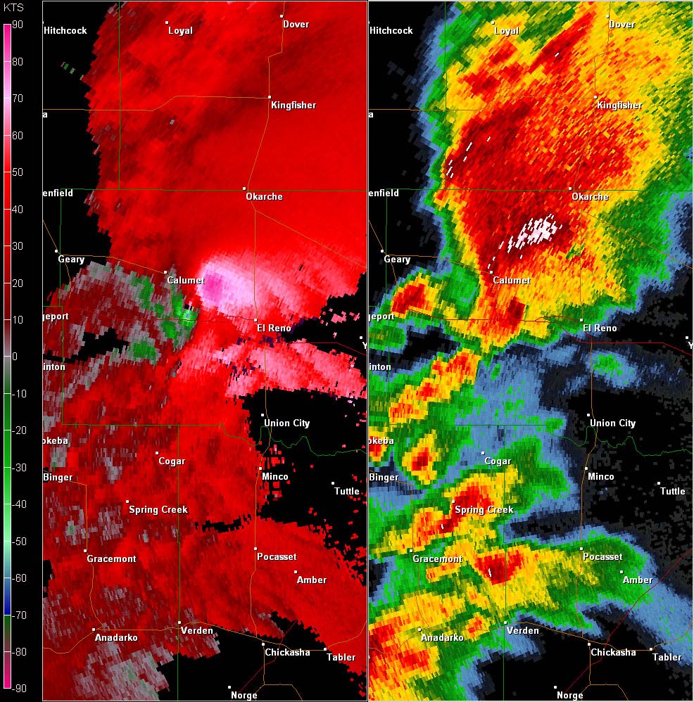 Twin Lakes, OK (KTLX) Combination Radar Reflectivity and Storm Relative Velocity at 4:14 PM CDT on 5/24/2011
