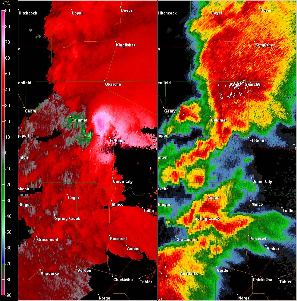 Twin Lakes, OK (KTLX) Combination Radar Reflectivity and Storm Relative Velocity at 4:18 PM CDT on 5/24/2011
