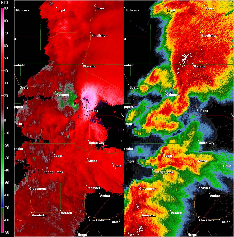 Twin Lakes, OK (KTLX) Combination Radar Reflectivity and Storm Relative Velocity at 4:23 PM CDT on 5/24/2011