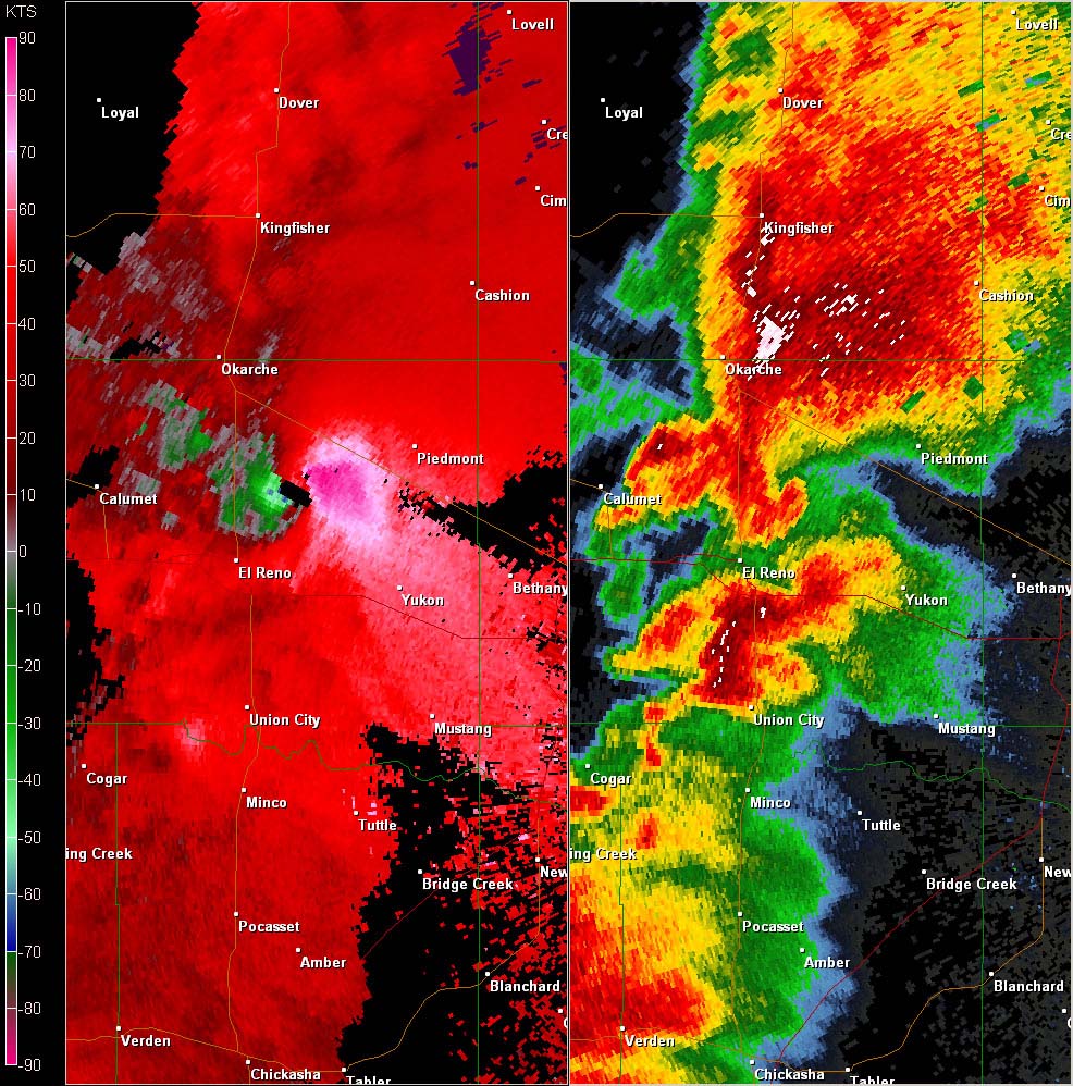 Twin Lakes, OK (KTLX) Combination Radar Reflectivity and Storm Relative Velocity at 4:36 PM CDT on 5/24/2011