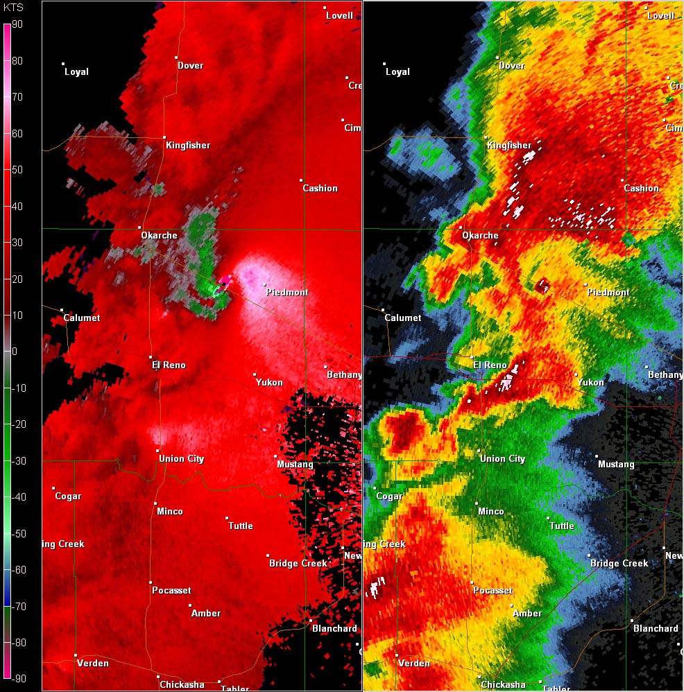 Twin Lakes, OK (KTLX) Combination Radar Reflectivity and Storm Relative Velocity at 4:44 PM CDT on 5/24/2011