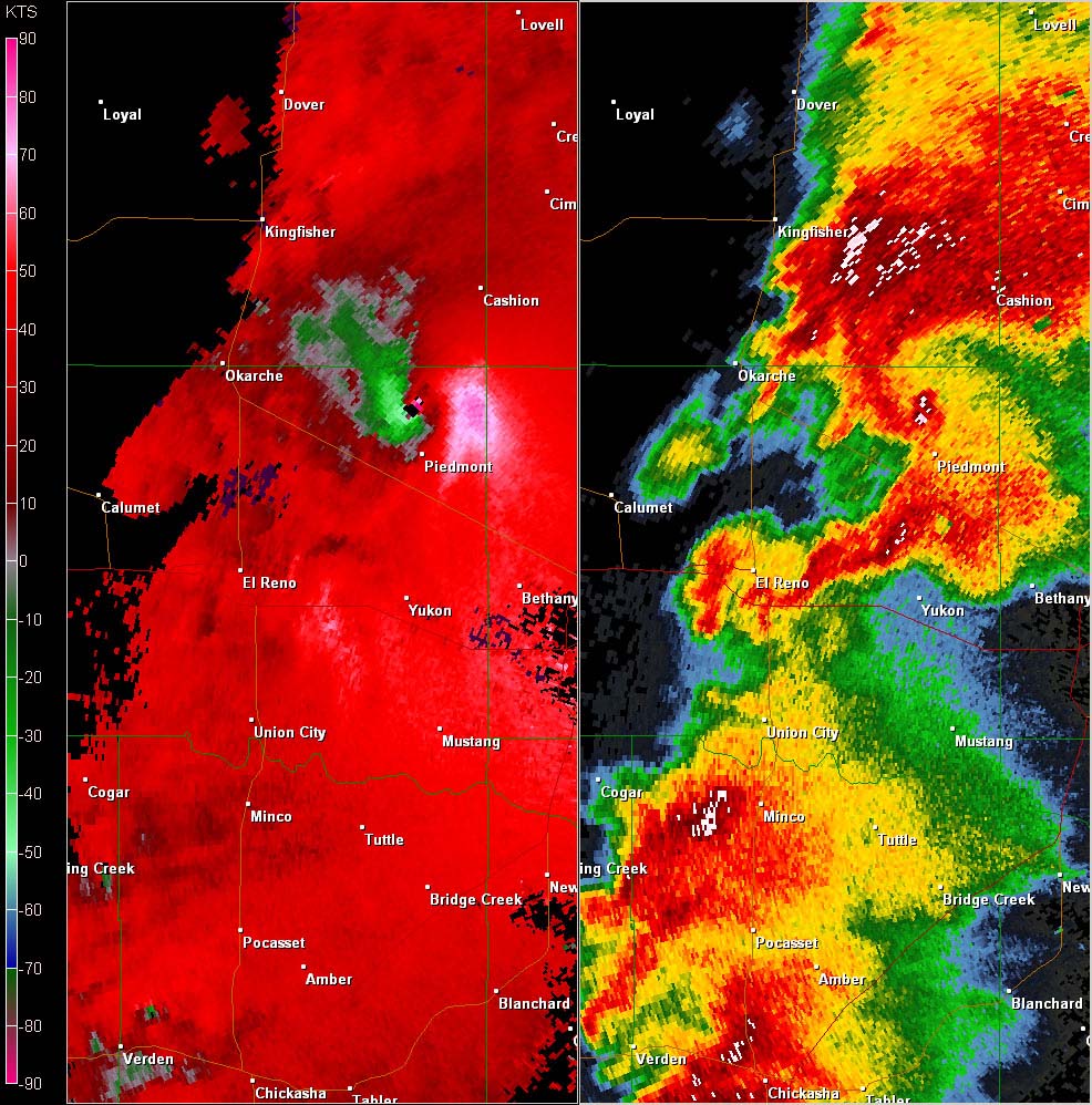 Twin Lakes, OK (KTLX) Combination Radar Reflectivity and Storm Relative Velocity at 4:52 PM CDT on 5/24/2011