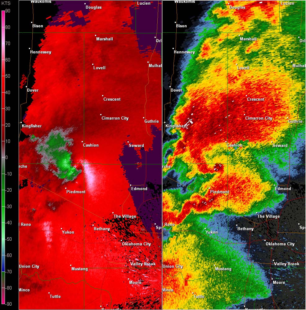 Twin Lakes, OK (KTLX) Combination Radar Reflectivity and Storm Relative Velocity at 4:57 PM CDT on 5/24/2011