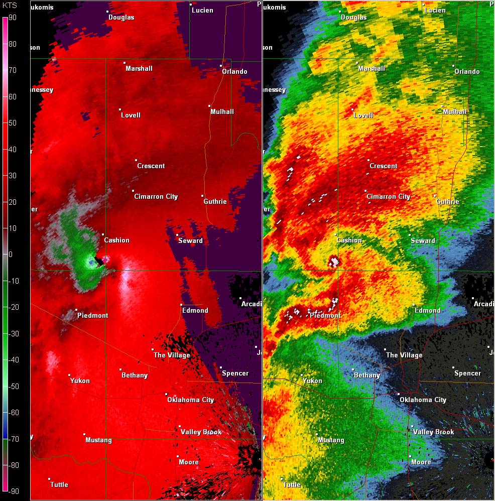 Twin Lakes, OK (KTLX) Combination Radar Reflectivity and Storm Relative Velocity at 5:01 PM CDT on 5/24/2011