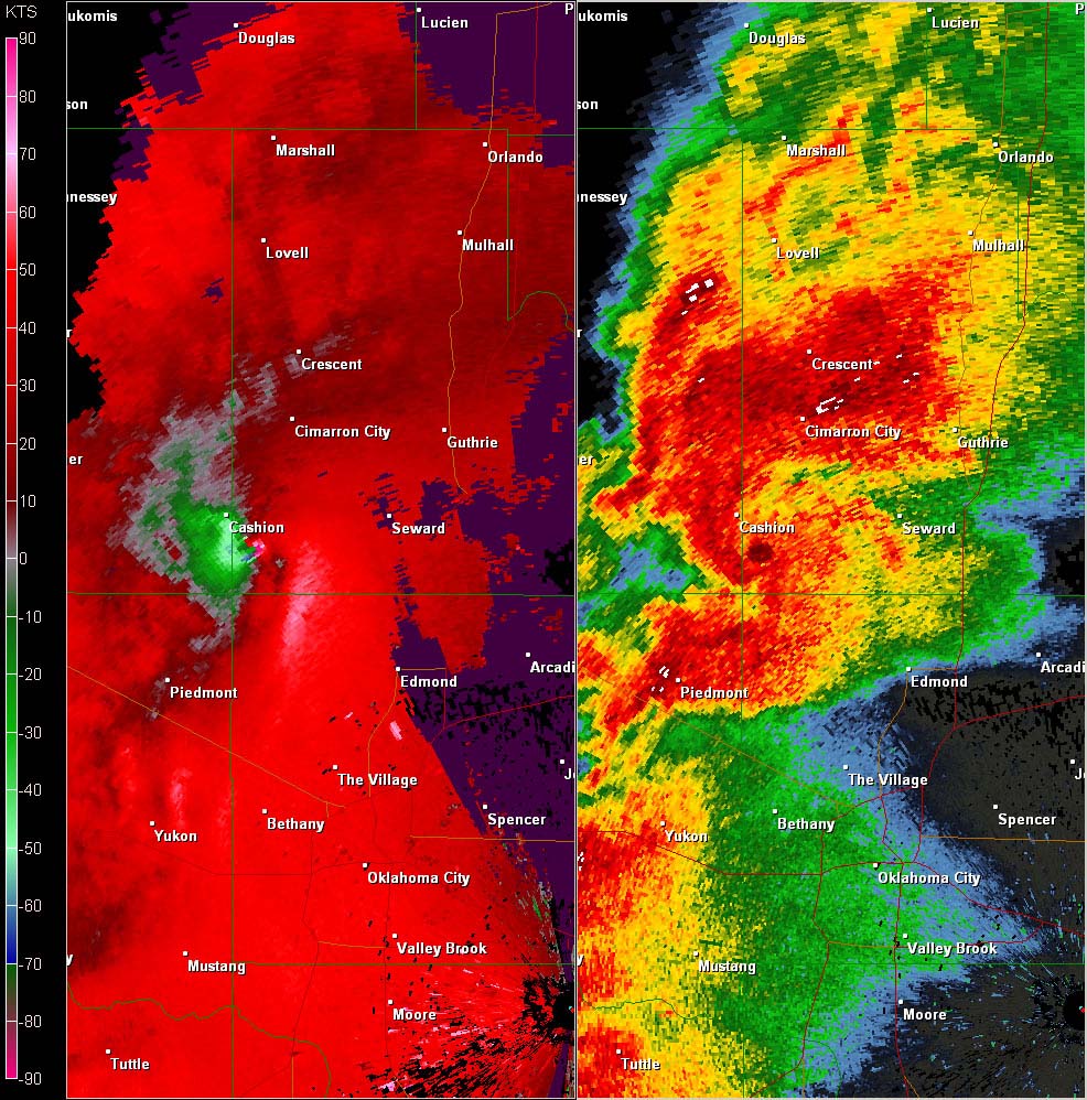 Twin Lakes, OK (KTLX) Combination Radar Reflectivity and Storm Relative Velocity at 5:05 PM CDT on 5/24/2011