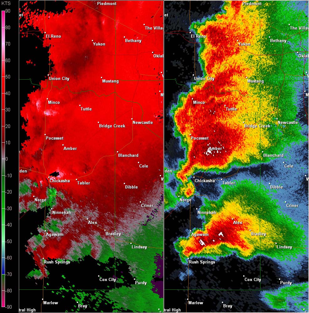 Twin Lakes, OK (KTLX) Combination Radar Reflectivity and Storm Relative Velocity at 5:10 PM CDT on 5/24/2011