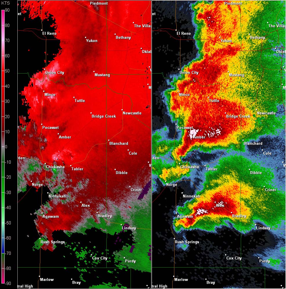 Twin Lakes, OK (KTLX) Combination Radar Reflectivity and Storm Relative Velocity at 5:14 PM CDT on 5/24/2011
