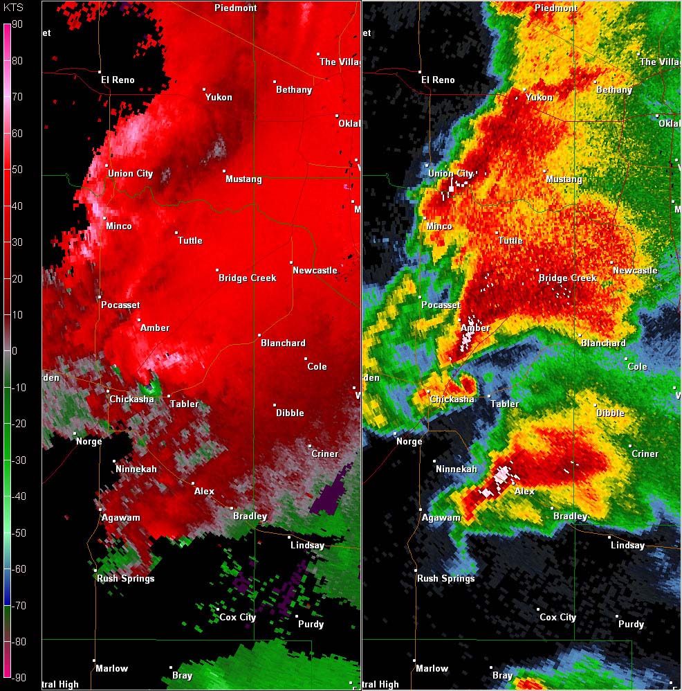 Twin Lakes, OK (KTLX) Combination Radar Reflectivity and Storm Relative Velocity at 5:18 PM CDT on 5/24/2011