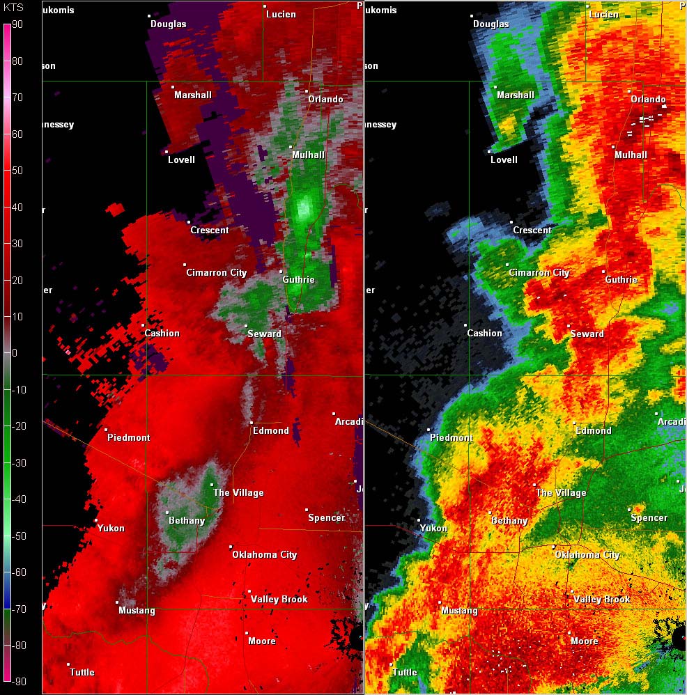 Twin Lakes, OK (KTLX) Combination Radar Reflectivity and Storm Relative Velocity at 5:35 PM CDT on 5/24/2011