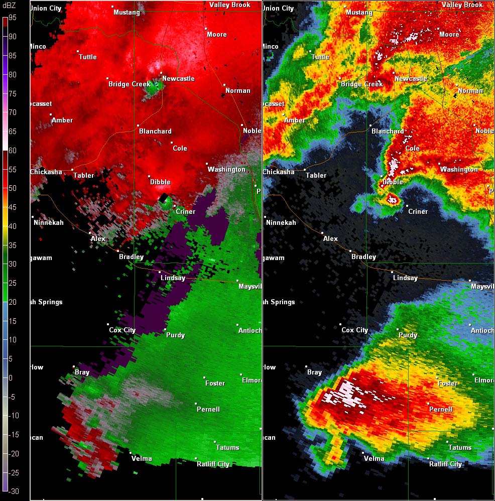 Twin Lakes, OK (KTLX) Combination Radar Reflectivity and Storm Relative Velocity at 5:43 PM CDT on 5/24/2011