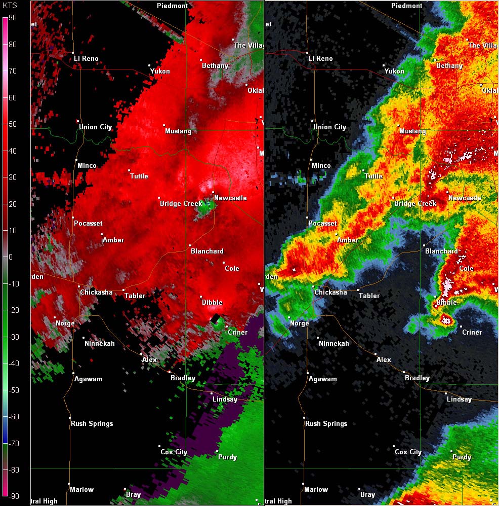 Twin Lakes, OK (KTLX) Combination Radar Reflectivity and Storm Relative Velocity at 5:44 PM CDT on 5/24/2011