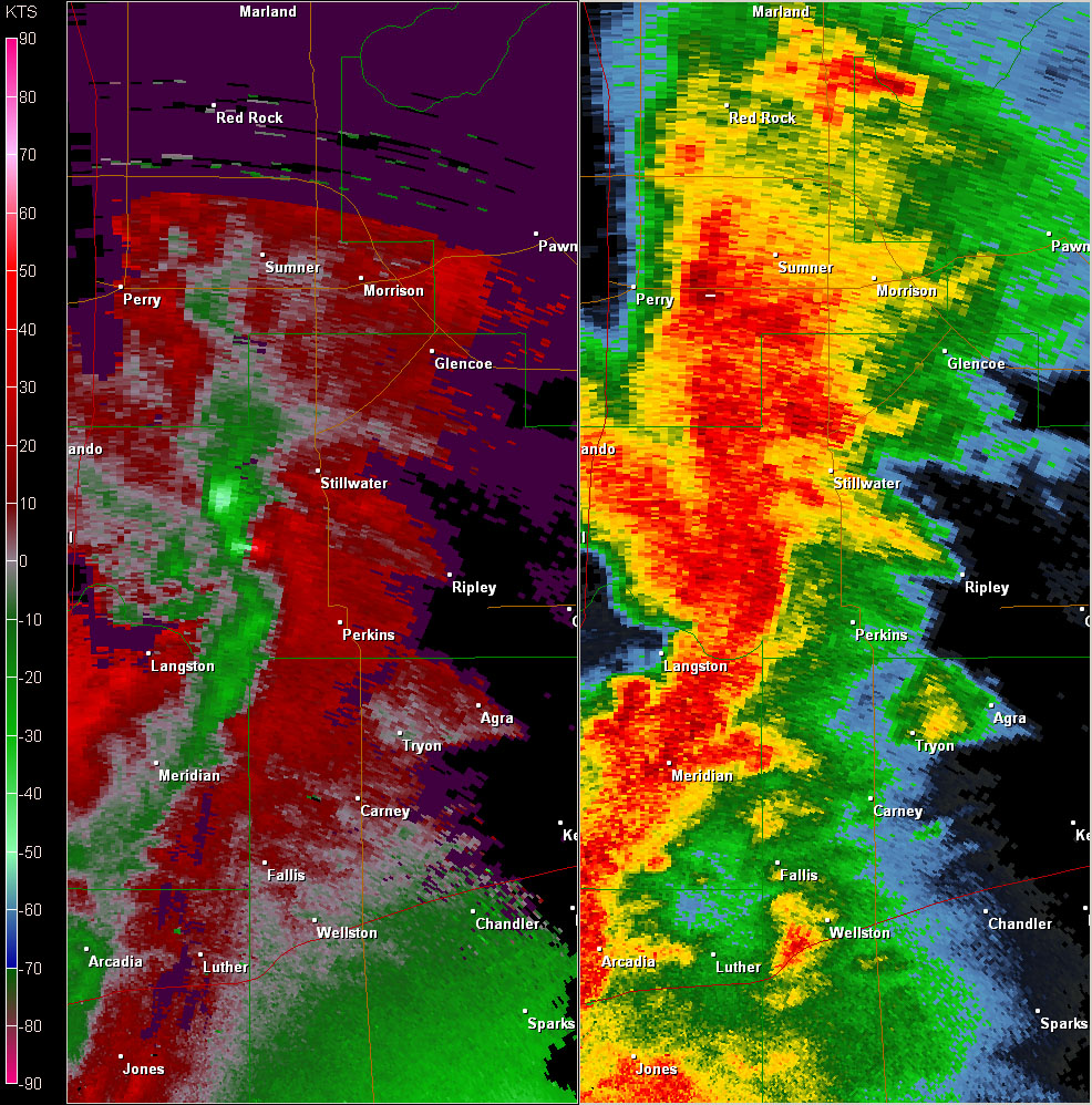 Twin Lakes, OK (KTLX) Combination Radar Reflectivity and Storm Relative Velocity at 5:56 PM CDT on 5/24/2011