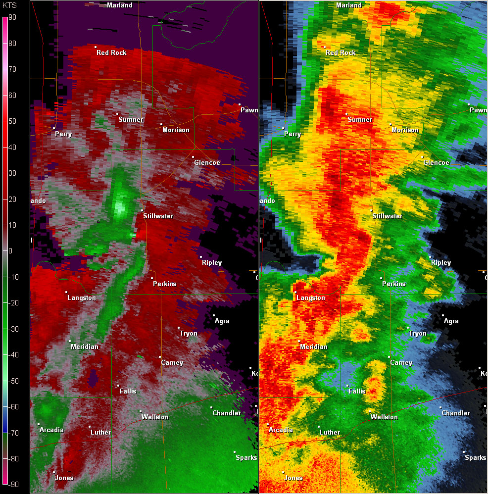 Twin Lakes, OK (KTLX) Combination Radar Reflectivity and Storm Relative Velocity at 6:00 PM CDT on 5/24/2011