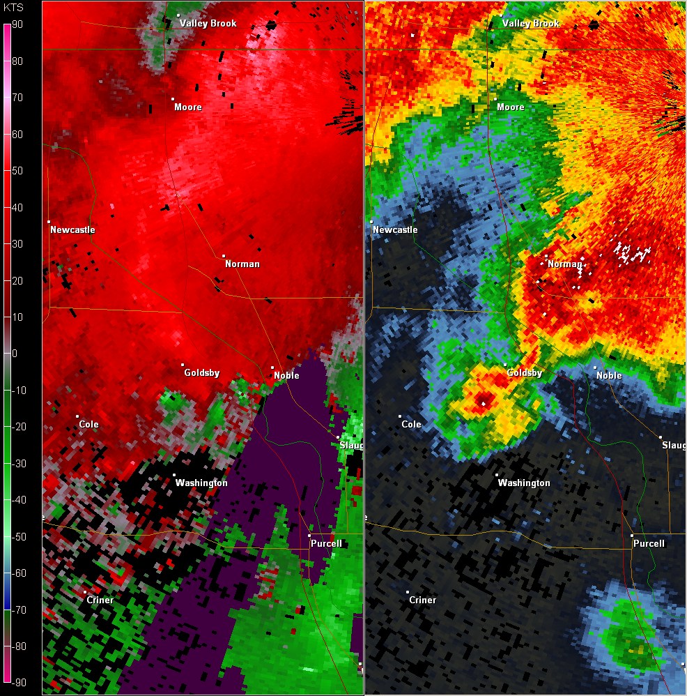 Twin Lakes, OK (KTLX) Combination Radar Reflectivity and Storm Relative Velocity at 6:05 PM CDT on 5/24/2011