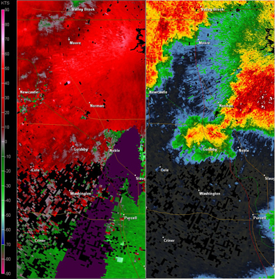 Twin Lakes, OK (KTLX) Combination Radar Reflectivity and Storm Relative Velocity at 6:05 PM CDT on 5/24/2011