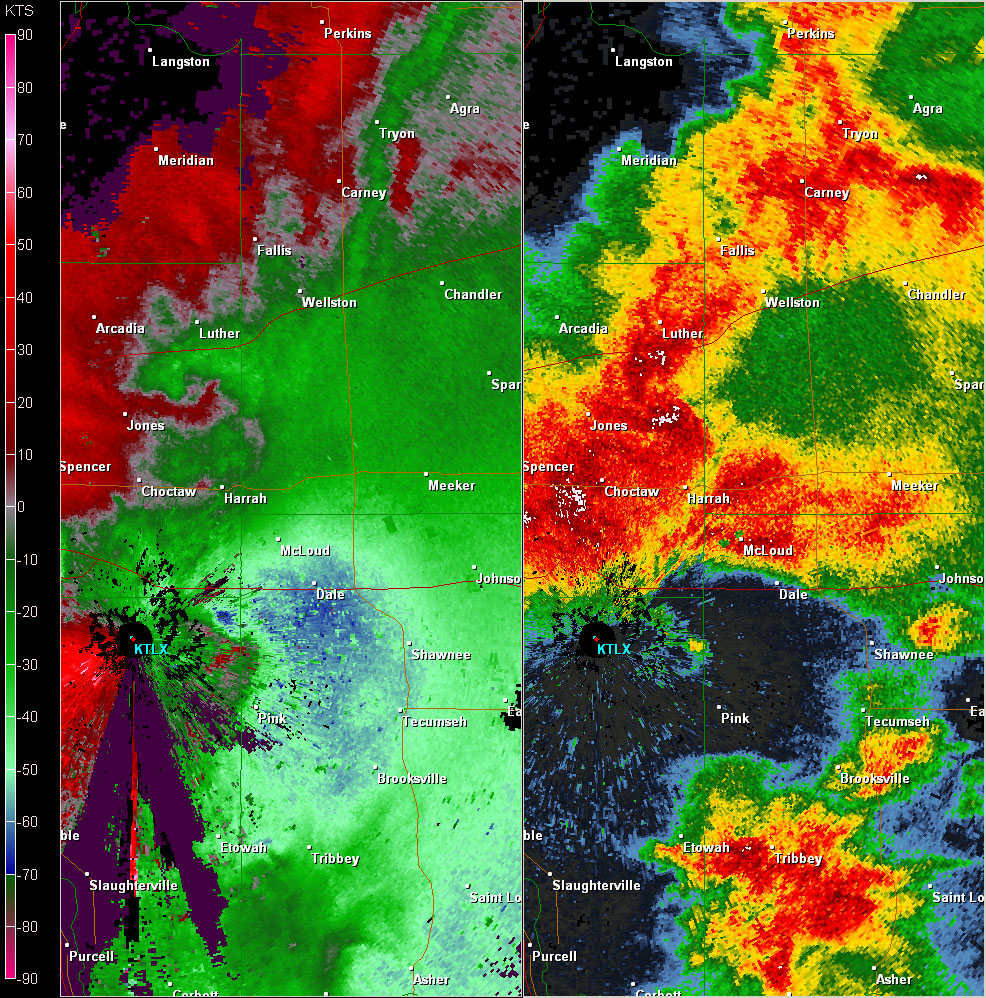 Twin Lakes, OK (KTLX) Combination Radar Reflectivity and Storm Relative Velocity at 6:30 PM CDT on 5/24/2011