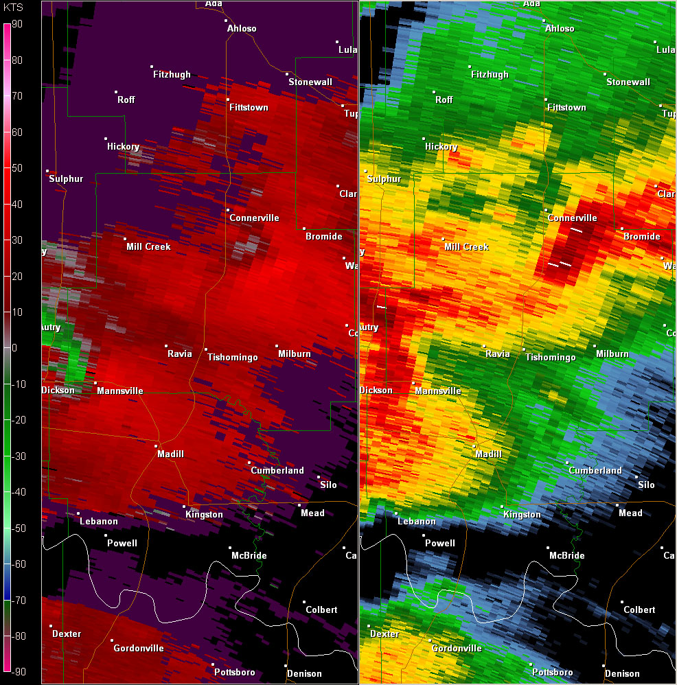 Fort Worth, TX (KFWS) Radar Reflectivity and Storm Relative Velocity at 7:22 PM CDT on 5/24/2011