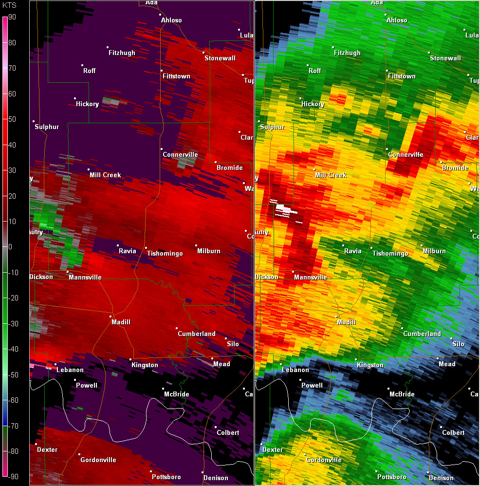 Fort Worth, TX (KFWS) Radar Reflectivity and Storm Relative Velocity at 7:26 PM CDT on 5/24/2011