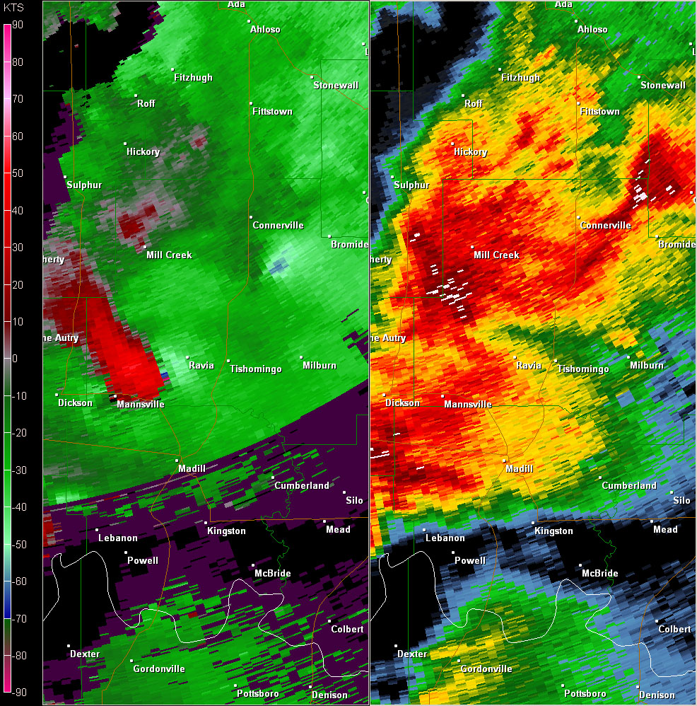 Twin Lakes, OK (KTLX) Radar Reflectivity and Storm Relative Velocity at 7:29 PM CDT on 5/24/2011