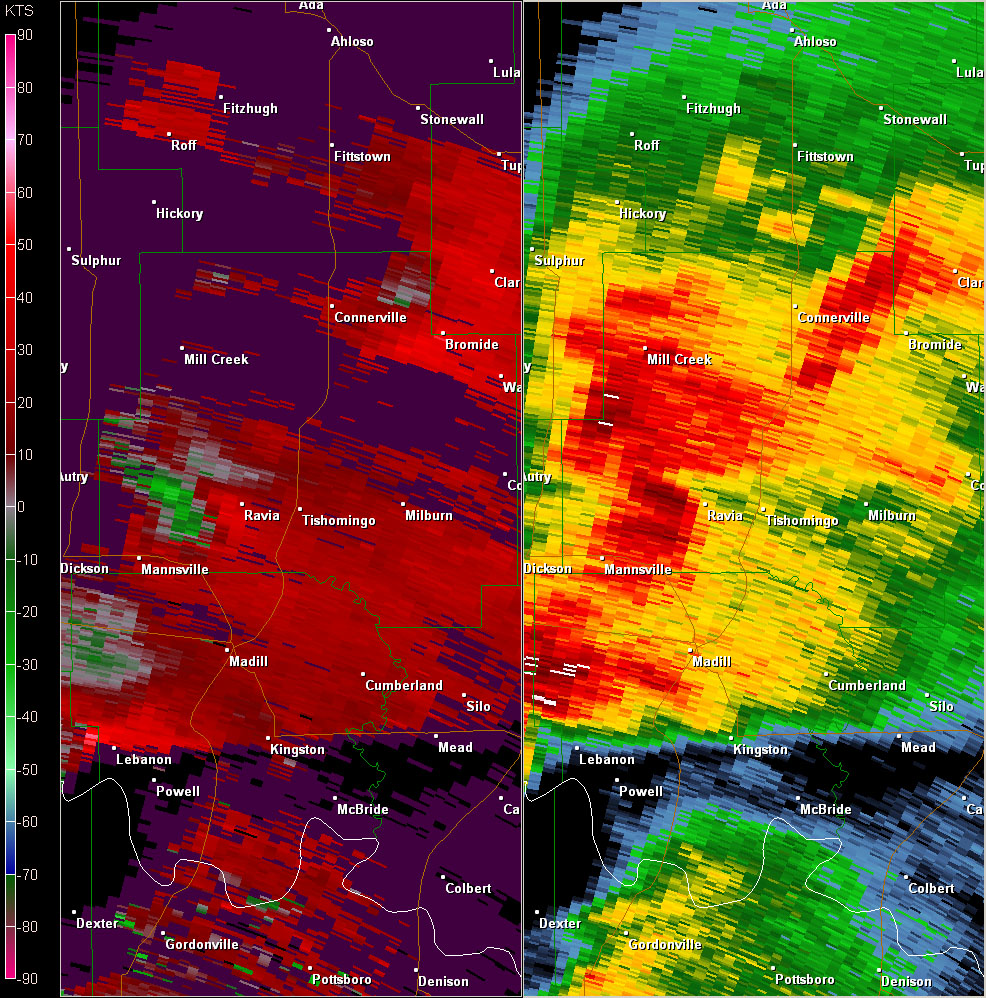 Fort Worth, TX (KFWS) Radar Reflectivity and Storm Relative Velocity at 7:30 PM CDT on 5/24/2011
