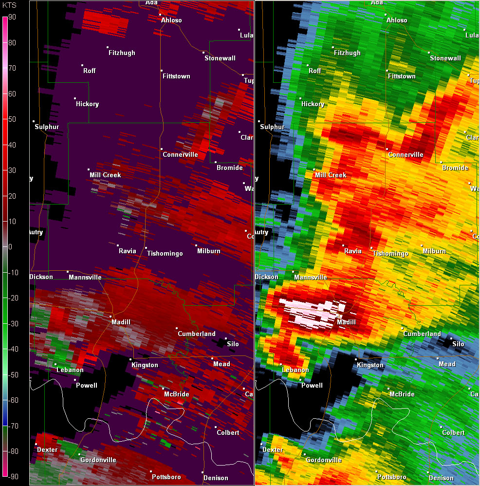 Fort Worth, TX (KFWS) Radar Reflectivity and Storm Relative Velocity at 7:39 PM CDT on 5/24/2011