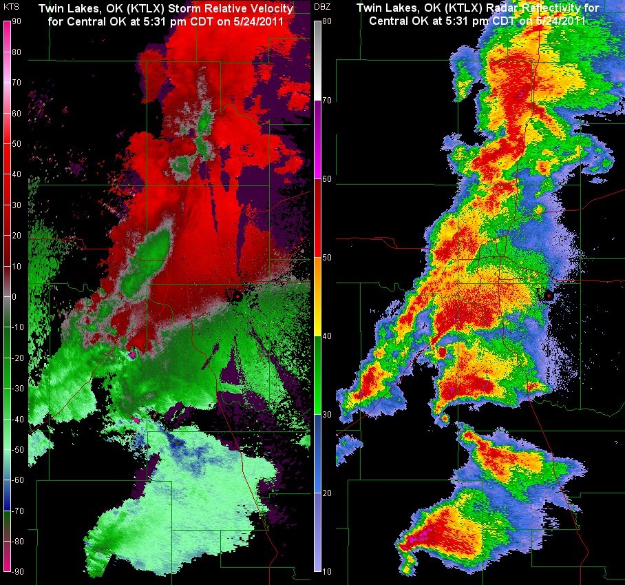 Radar reflectivity and storm relative velocity images of several supercells moving through the I-35 corridor of central Oklahoma at 5:31 pm CDT on May 24, 2011.