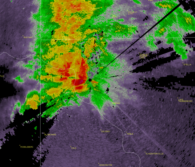 Radar reflectivity loop of the severe thunderstorm as it it moved through Norman, OK.