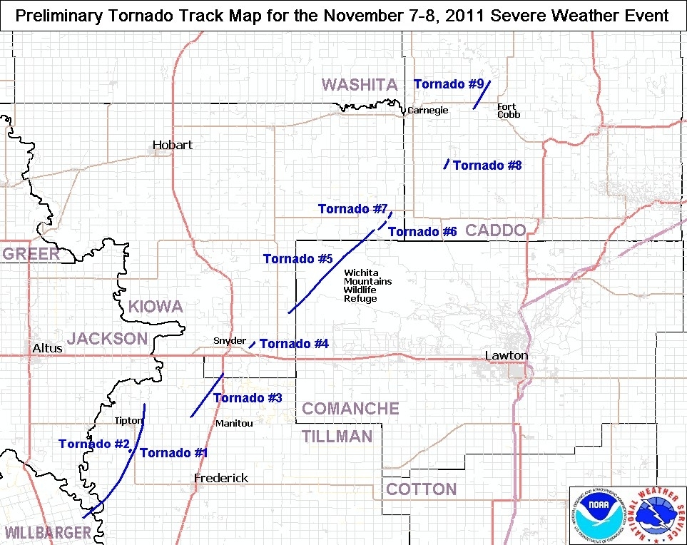 Preliminary Tornado Tracks for the November 7, 2011 Tornadoes in Southwestern Oklahoma