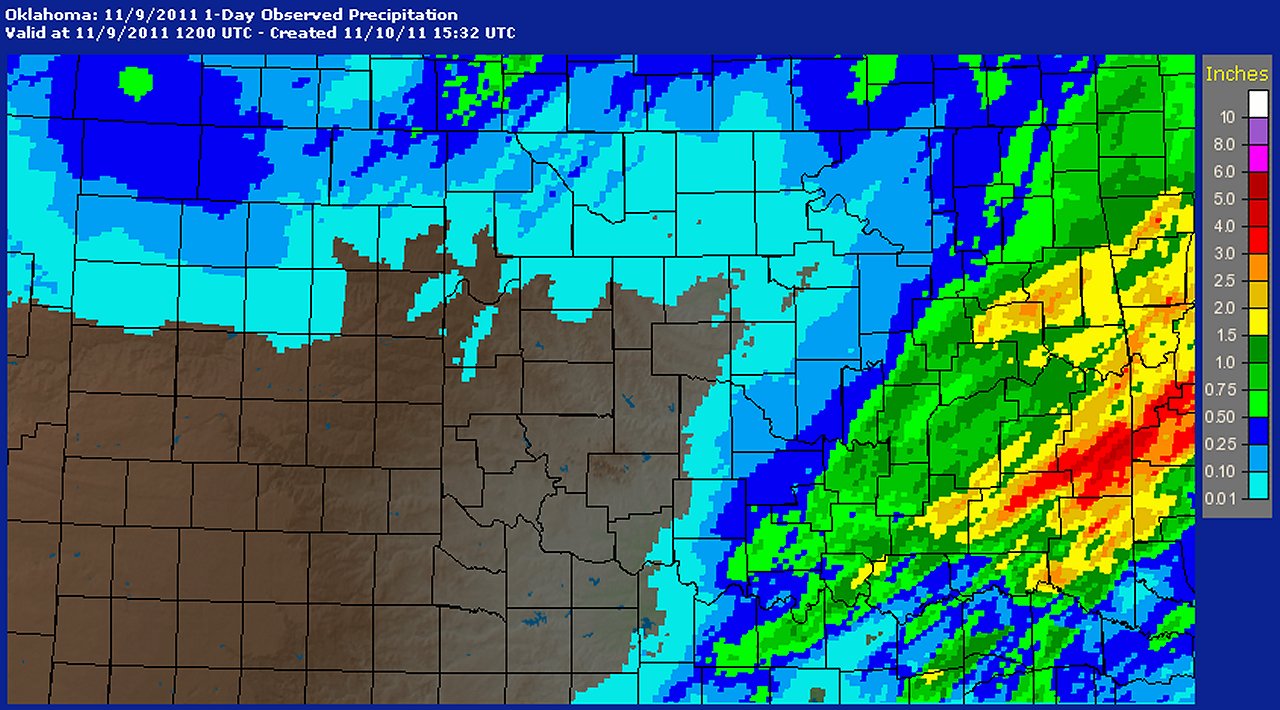 24-hour Multisensor Precipitation Estimate Map for Oklahoma and Western North Texas ending at 6 AM CST on November 9, 2011